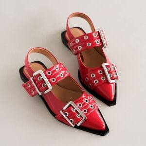 Ganni Chunky Buckle Ballerina Racing Red Slingback Flats / Sandals